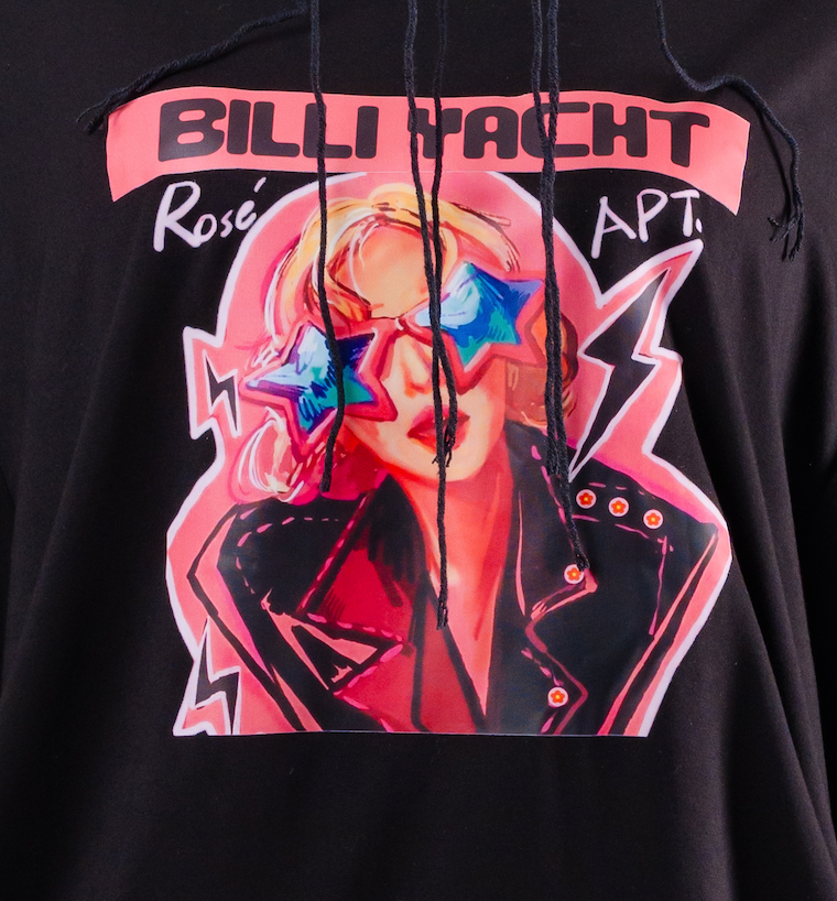 Black hoodie with colorful graphic design featuring a person with stars on their face and text 'BILLI YACHT Rosé APT.'