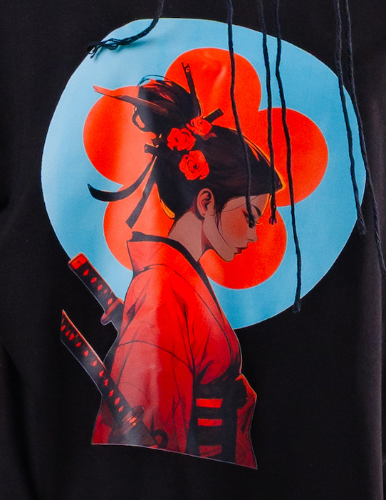 Geisha silhouette with red kimono and floral hair accessories against a blue circle with orange circles and black leaves.